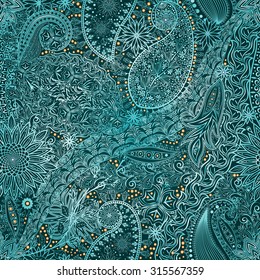 Vintage floral motif ethnic seamless background. Abstract lace pattern. Ability to edit the colors, without losing seamlessly. Hand drawing colorful wallpaper. EPS-8 vector texture.