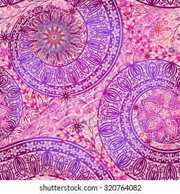 Vintage floral motif ethnic seamless background. Abstract lace pattern. Ability to edit the colors, without losing seamlessly. Hand drawing colorful wallpaper. EPS-8 vector texture.