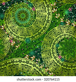 Vintage floral motif ethnic seamless background. Abstract lace pattern. Ability to edit the colors, without losing seamlessly. Hand drawing colorful wallpaper. EPS-8 vector texture.