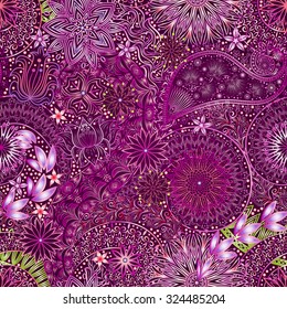 Vintage floral motif ethnic seamless background. Abstract lace pattern. Ability to edit the colors, without losing seamlessly. Hand drawing colorful wallpaper. EPS-8 vector texture.