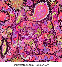 Vintage floral motif ethnic seamless background. Abstract lace pattern. Ability to edit the colors, without losing seamlessly. Hand drawing colorful wallpaper. EPS-8 vector texture.