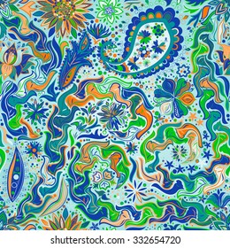 Vintage floral motif ethnic seamless background. Abstract lace pattern. Ability to edit the colors, without losing seamlessly. Hand drawing colorful wallpaper. EPS-8 vector texture.