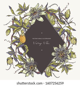 Vintage floral natural collection. Passiflora greeting card, flowers, leaves. Set of scrapbook objects for party, wedding, birthday. Hand drawn vector illustration