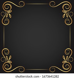 Vintage floral ornament border, Hand drawn decorative element, vector illustration of gold floral frame with black background, design template for page decoration cards, wedding, banner 