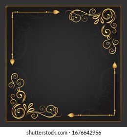 Vintage floral ornament border, Hand drawn decorative element, vector illustration of gold floral frame with black background, design template for page decoration cards, wedding, banner 