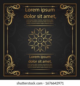 Vintage floral ornament border, Hand drawn decorative element, vector illustration of gold floral frame with black background, design template for page decoration cards, wedding, banner 