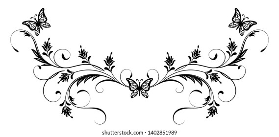 Vintage floral ornament and butterflies for greeting card isolated on white background
