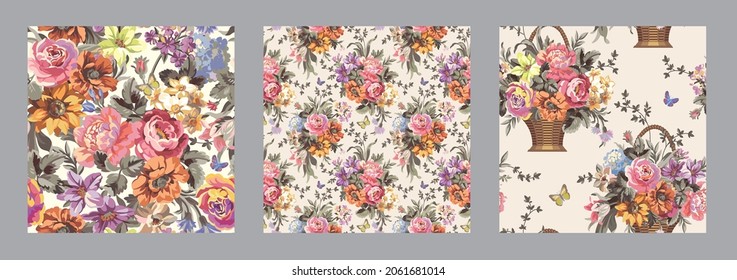 Vintage floral ornament collection. Seamless pattern set. Vector romantic background.