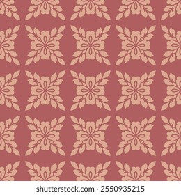 Vintage floral ornament. Simple elegant seamless pattern with abstract flower silhouettes, foliage, repeat tiles. Vector background in oriental style. Muted red and orange color texture. Geo design