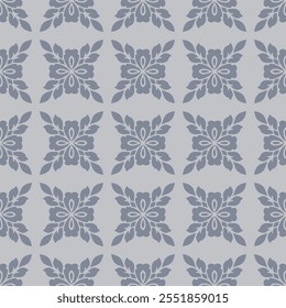 Vintage floral ornament. Simple elegant seamless pattern with abstract flower silhouettes, foliage, repeat tiles. Vector background in oriental style. Muted blue and gray color texture. Geo design