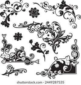 Vintage floral ornamental luxury designs set. Baroque page decorative corners, royal filigree ornaments, wedding invitation retro swirl designs. Extremely clean vector graphics, vinyl and laser ready