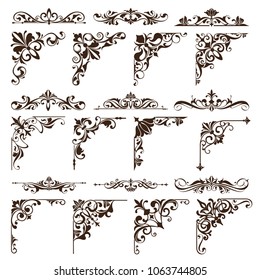 Vintage floral ornaments design elements of corners frame border stickers. vector set of damask patterns on white background