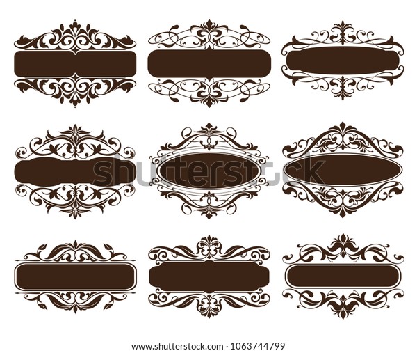 Vintage\
floral ornaments design elements of corners frame border stickers.\
vector set of damask patterns on white\
background