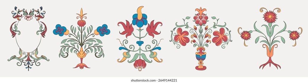 Vintage floral ornaments in a variety of intricate designs. These colorful floral patterns feature elegant, decorative motifs perfect for vintage projects. Decorative illustrations, element vectors.