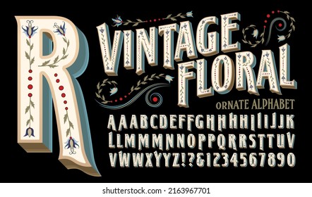 Vintage Floral is an ornate style of alphabet with antique or Victorian flower and design insets. Great for a historic retro look with a quaint old time vibe. svg