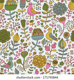 Vintage floral pattern with autumn leafs and birds. Retro vector background.
