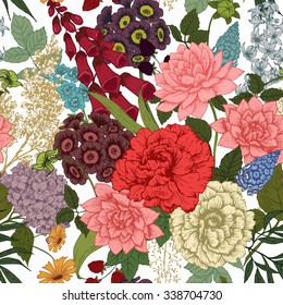 vintage floral pattern background bright flowers peony, rose, lilac, hyacinth, beautiful wallpaper