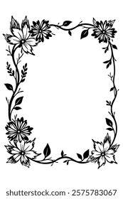 Vintage floral pattern with black ornament on a white background.