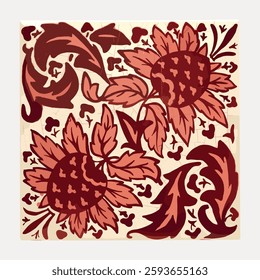 Vintage floral pattern with bold, intricate flowers and leaves. Earthy tones create a warm, rustic feel. Floral design perfect for textiles and decor. Vintage botanical illustration vector.