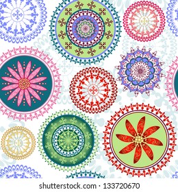 Vintage floral pattern with colorful lacy circles (vector)