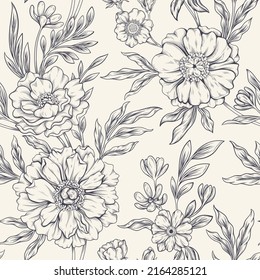 Vintage Floral Pattern concept. Beautiful seamless pattern with blossom plants, roses, peonies and branches. Design element for wallpaper, textiles and clothing. Cartoon linear vector illustration
