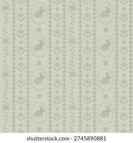 Vintage floral pattern with cute bunnies, vector seamless pattern.	
