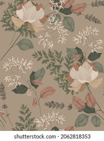 Vintage floral pattern with delicate dry plants. Composition of flowers, plant branches, leaves. Seamless pattern, vector.