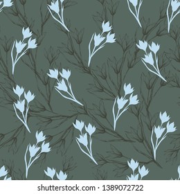 Vintage floral pattern drawn in ink on a green background. Endless texture for fabric, tile, wallpaper.