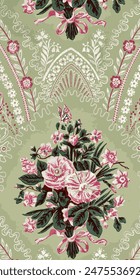 Un patrón floral vintage presenta ramos de flores rosas atados con arcos sobre un fondo verde, repetidos en un diseño simétrico.