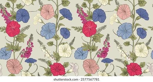 A vintage floral pattern featuring morning glories and foxgloves in soft pastel tones, with intertwined green leaves on a muted background. 🌿🌸