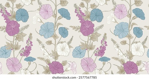 A vintage floral pattern featuring morning glories and foxgloves in soft pastel tones, with intertwined green leaves on a muted background. 🌿🌸