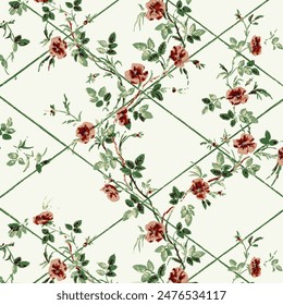 Vintage floral pattern featuring pink roses and green vines on a pale ivory background with diamond shapes.