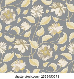 Vintage floral pattern, featuring soft, muted tones of yellow and gray. Large dahlia flowers and flowing leaves. Suitable for wallpapers, textiles, or classic home decor