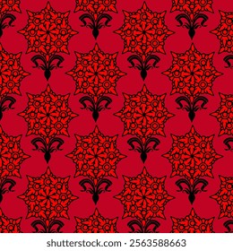 A vintage floral pattern featuring a symmetrical arrangement of stylized flowers in shades of red creating a retro aesthetic, perfect for textiles, wallpapers, and graphic design projects.