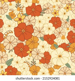 Vintage floral pattern in hand draw flower. Floral seamless background for fashion prints. Retro 70s style textile background. Summer vintage print.