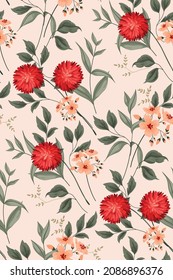 Vintage floral pattern with large aster flowers, small pink flowers and various leaves on a light background. Seamless pattern with red aster flowers, other drawn plants. Elegant print design. Vector.