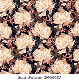 Vintage Blumenmuster mit großen weißen Blumen und trockenen Pflanzen. Eine dichte Zusammensetzung aus üppigen Blumen, Blättern und Kräutern. Nahtloses Muster mit handgezeichneten Blumen auf dunklem Hintergrund. Vektorgrafik.