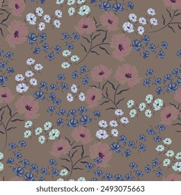 Vintage floral pattern with modern designs. Seamless pattern with small red flowers, leaves on a dark background. Vector illustration