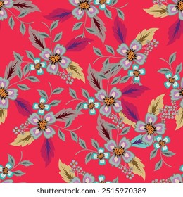 Vintage floral pattern with modern designs. Seamless pattern with small red flowers, leaves on a dark background. Vector illustration