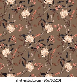 Vintage floral pattern an autumn theme  Seamless pattern and wild plants: white flowers  herbs  leaves  Natural colors  vector 