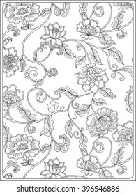 Vintage Floral pattern. Outline drawing. Coloring book for adult and older children in vintage style. Coloring page.  Vector illustration.