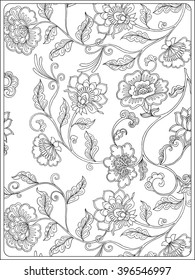 Vintage Floral pattern. Outline drawing. Coloring book for adult and older children in vintage style. Coloring page.  Vector illustration.