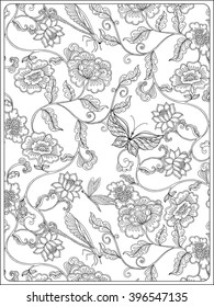 Vintage Floral pattern. Outline drawing. Coloring book for adult and older children in vintage style. Coloring page.  Vector illustration.
