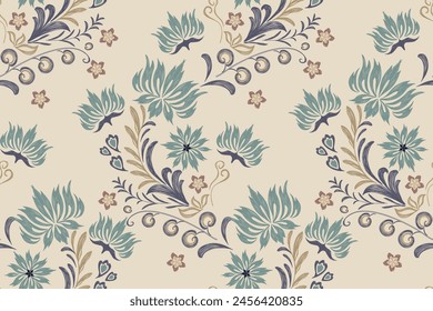 Vintage Floral pattern paisley embroidery wallpaper background border. Ikat Blue lotus flower motif ethnic seamless  traditional. Aztec style abstract vector illustration for print template.