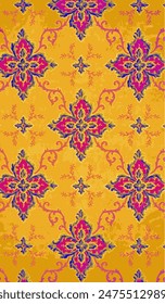 Vintage floral pattern in pink and blue on a yellow background, reminiscent of victorian wallpaper or textile.