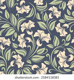 Vintage floral pattern with pink flowers and green leaves on blue. Vector seamless background. Hand-drawn illustration, not AI