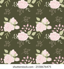 Vintage floral pattern with pink roses and green leaves on olive background.