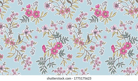 Vintage floral pattern. Pretty flowers on light blue background. Printing with small pink flowers. Ditsy print. Seamless vector texture. Spring bouquet.