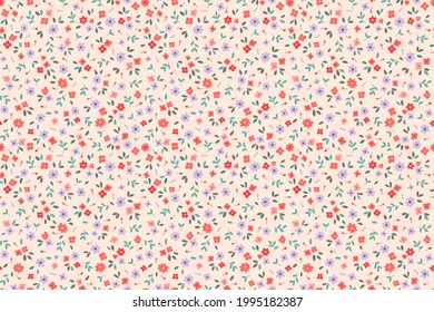 Vintage Floral pattern. Pretty flowers on beige background. Printing with small red and lilac flowers. Ditsies print. Seamless vector texture. Spring bouquet.
