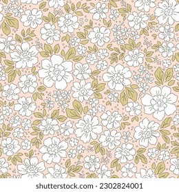 Vintage floral pattern. Pretty flowers on ivory beige background. Printing with small white flowers. Cute print. Seamless vector texture. Stock vector for printing on surfaces. Abstract flowers.